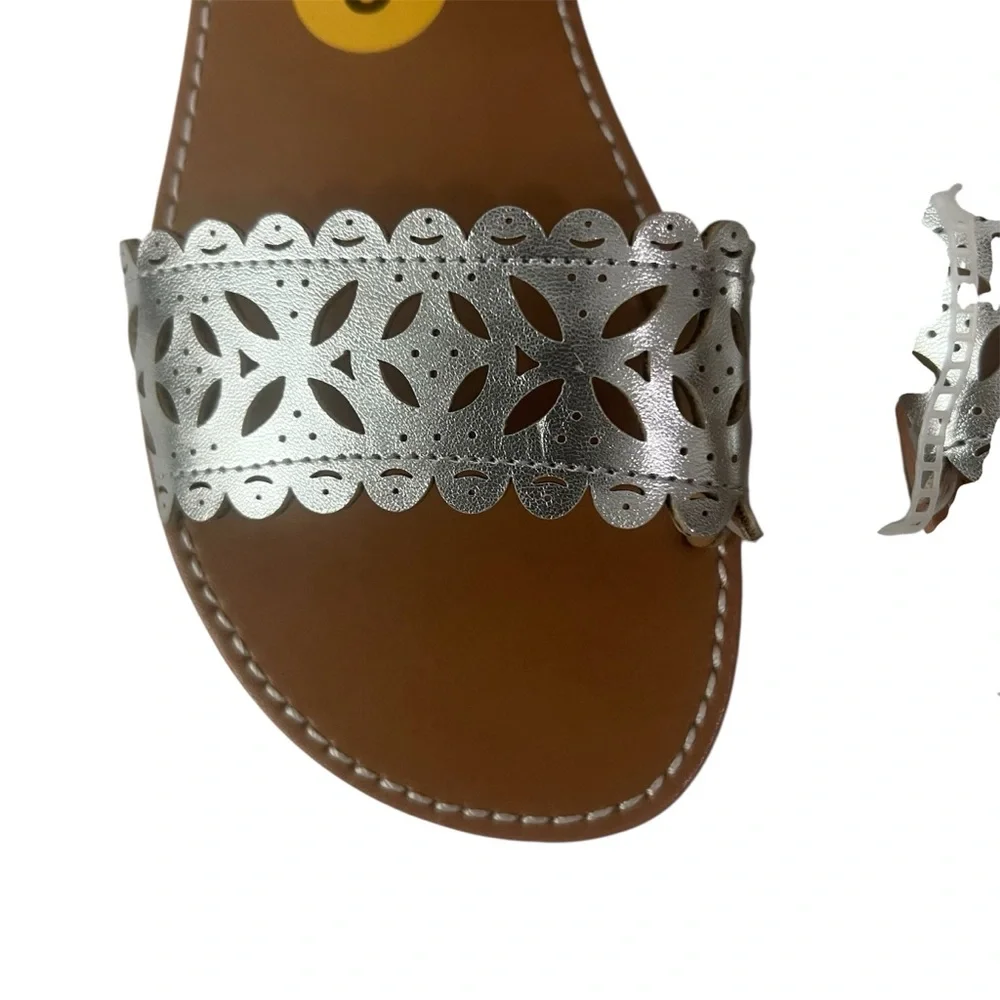 Rachel Silver and Tan Strap & Buckle Slippers, Size 3, NWOT